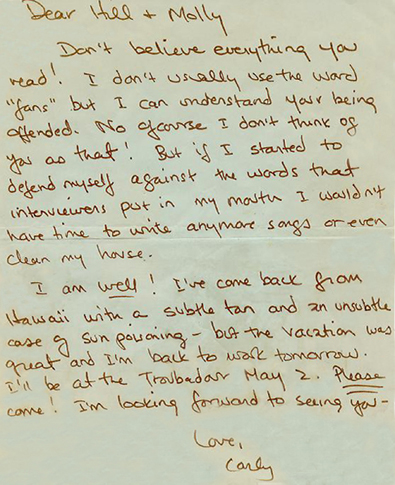 Hillary Carlip's CARLY SIMON letter from FRESH YARN